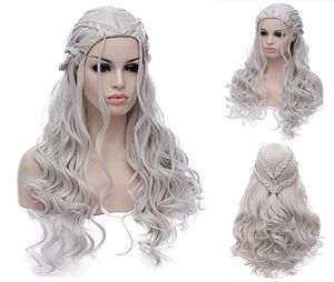 Pelucas 14Color Charm Lolita Long Daenerys Targaryen Plata Trenzado Rizado Pelucas de Pelo Sintético Disfraz Cosplay Peluca de Reina