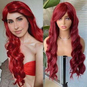 Pelucas AIMEYA peluca sintética roja con flequillo pelucas de sirena de onda larga para Cosplay para mujeres pelucas de disfraz de Halloween pelo de fibra resistente al calor