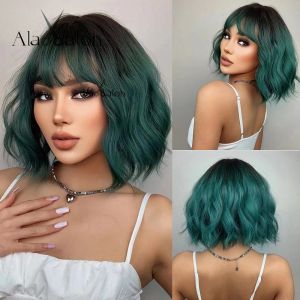 Pelucas Alan Eaton Cosplay Dark Green Bangs Wigs Corta ola natural con raíces negras pelucas sintéticas para mujeres Uso diario Resistente al calor