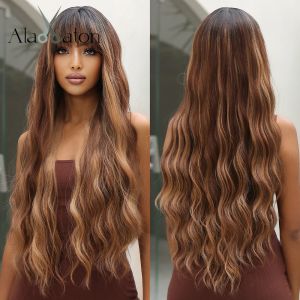 Perruques Alan Eaton Honey Brown Highlight Synthetic Wigs for Black Women Long Wavy Wigs with Bangs Cosplay Colored Hair Res résistant à la chaleur