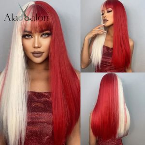 Pelucas Alan Eaton pelucas sintéticas largas y rectas con flequillo mitad rojo de peluca media blanca para mujeres cosplay lolita cabello fibra resistente al calor