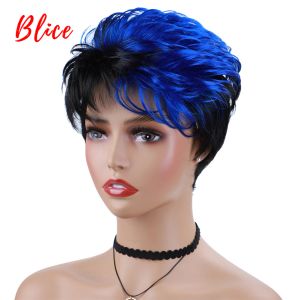 Perruques Blice Synthetic Hair Mix Color Wigs Short Wavy for Black Women Shipping Free Res résistant à la chaleur Kanekalon Wig 1B / Bleu quotidiennement