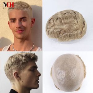 Perruques Blonde Men Toupee Human Hoile Wig Male Natural Straitement 8x10 Pu Full Thin Skin Poly Base System Pliée Phisette de cheveux # 22R