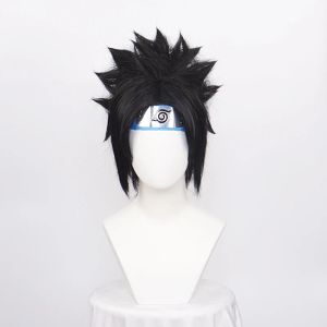 Perruques ccutoo perruques courtes noires synthétiques Uchiha Sasuke perruques Cosplay pour hommes résistance à la chaleur avec couvre-chef bleu + bonnet de perruque