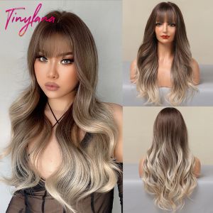 Perruques Chocolate brun blond long Long Wavy Synthetic Hair Wigs with Bangs for Women Ombre Body Wave Cosplay Cosplay Wig Wig