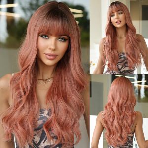 Wigs Craftourist Long Ombre Black Pink Wigs Natural Synthetic Cosplay Wavy Wigs para mujeres negras Parte media fibra de alta temperatura