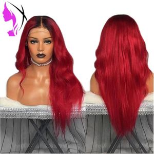 Perruques Mode deux tons Simulation perruque de cheveux humains perruques de vague de corps avec partie centrale ombre couleur rouge perruque avant de dentelle synthétique pour femme noire