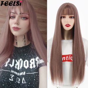 Wigs Feeli Synthetic Hair Long Ringor Wig with Bangs Christmas Haze Pink Wig Red Brown Black 26inch Halloween Cosplay pour les femmes