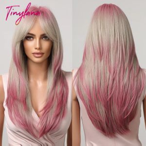 Perruques synthétiques à reflets gris cendré blond rose avec frange, perruque de Cosplay longue et lisse ombrée pour femmes, cheveux naturels en couches