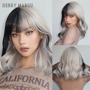 Perruques Henry Margu Short Half Black and Half White Wig Curly Wavy Wavy Longle Synthetic Hair Cosplay Wig with Bangs for Halloween