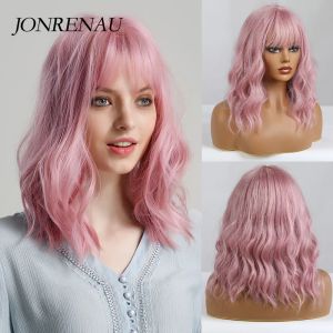 Perruques Jonrenau Curly Bob Wig Middle Long Natural Wave Hair Synthetic Wigs with Bangs for Women Pink Wig Cosplay Fiber à haute température