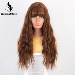 Perruques Long Brown Synthetic Wig With Bangs Water Wigs pour femmes Cosplay Fibre blonde blonde bleu rouge rose fibre de chaleur