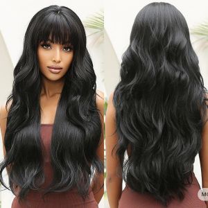 Pelucas Pelucas onduladas de cuerpo sintético negro oscuro largo con flequillo completo Peluca de pelo falso natural para mujeres Fiesta de cosplay diaria Uso resistente al calor