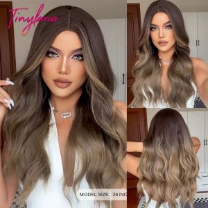 Perruques Long Wavy Brown Gold ombre Highlight Synthetic Hair Wigs Natural Medle Part Wig for Women Afro Cosplay Daily Heat Resissiant