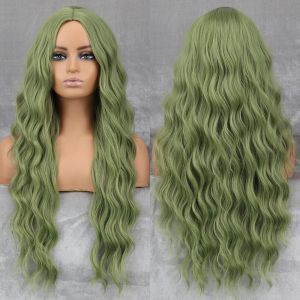 Perruques Long Wavy Green Synthetic Wig Women's HeatreSistant Natural Half Part Cosplay Party Lolita Black Rose Pinde