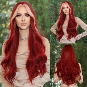 Perruques Namm Long Wavy Middle Part Wine Red Wig For Women Daily Cosplay Party Synthétique Highlight Pink Hair Wigs LOLITA RESSAIS
