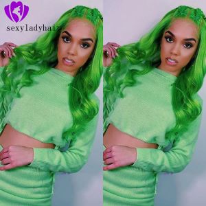 Perruques New Green Wavy Brésilien Brésilien Lace Front Wig 26 