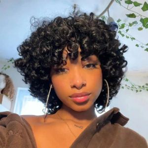 Perruques Rose Curly Short Bob Wig avec Bangs Funmi Curly Human Hair Wigs Fashion sans gluant brésilien bon marché Funmi boucles Full Machine Wigs