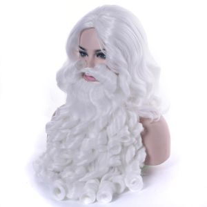 Perruques Soowee Gift Gift Santa Claus Wig and Beard Synthetic Hair Cosplay Wigs for Men White Hairpice Accessoires