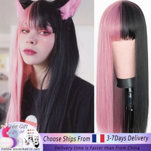 Pelucas cabello sintético rosa y negro peluca larga cabello liso cosplay peluca dos tono ombre color mujer pelucas