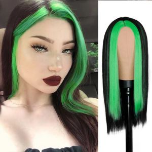 Perruques Wig Synthetic Fashion Long Noir Right Hair Wig mettant en évidence les cheveux verts pour les filles avec une perruque de cosplay