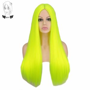 Perruques fantaisistes w synthétique simulé de cuir chevelu néon jaune longue perruque droite pour femmes résistantes à la chaleur naturalités halloween coiffure perruques