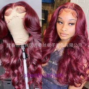 Perruques Femmes Human Hair Lace Wine Red Long Curly Wig Womens Center Split Large Wave Vente chaude