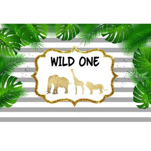 Fondo de fiesta de cumpleaños Wild One, rayas impresas, hojas verdes, elefante, jirafa, accesorios de baño para bebé recién nacido, fondos fotográficos para niños