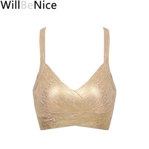 WillBeNice Gold Silver Foil Print V Neck Camis Short Sexy Lady Crop Knitted Bandage Top Cross Straps Tops Club Vest 220316