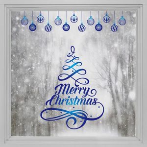 Autocollants de fenêtre Kizcozy Bleu Peinture Joyeux Arbre de Noël avec cloches Film décoratif pour salon Vitrail imperméable