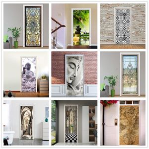 Pegatinas de ventana simulación Pvc papel tapiz puerta vela Dianthus flor de cerezo estatua de Buda decoración Mural autoadhesivo pared