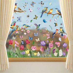 Autocollants de fenêtre thème de printemps, décor en verre, ensemble coloré avec fleurs, oiseaux, papillons, décoration imperméable en Pvc pour