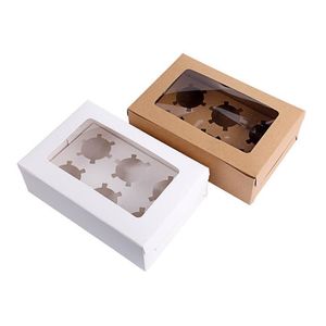 Cajas para cupcakes con ventana, caja de papel Kraft marrón blanco, embalaje de regalo para fiesta de boda, 6 portavasos para pasteles personalizados
