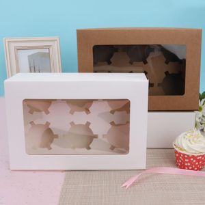 Cajas de magdalenas con ventana Caja de papel Kraft marrón blanco Empaquetado de regalo para el festival de bodas Fiesta 6 Portavasos para pasteles SN3864