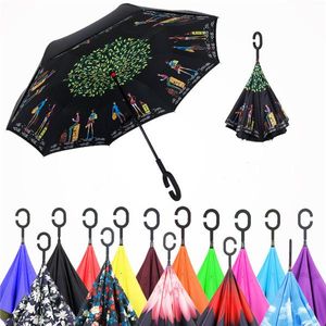 Parapluie inversé coupe-vent pliant à double couche, parasol de pluie inversé, à l'envers, auto-support, avec poignée en C, 30 styles