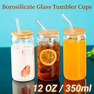 Verres à vin de 12 OZ, avec couvercles en bambou, pailles, gobelets en verre Borosilicate, grand café glacé transparent pour jus de Smoothie