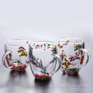 Copas de vino 1 pieza Copa de vidrio de doble capa de flor verdadera con alta belleza y regalo de mano de grano de café creativo para el hogar