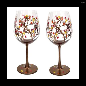 Verres à vin 2 pièces verre d'arbre d'automne - couleurs d'automne feuilles de rouge jaune orange feuille peinte à la main