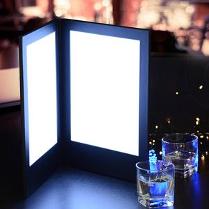 Copas de vino estilo libro LED retroiluminado soporte de menú iluminado barra de exhibición de señal de verificación cuero negro 230706