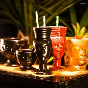 Copas de vino Copa de cóctel hawaiana Diosa guerrera egipcia Rojo Negro Vintage Tazón en forma de Taza de cerámica TIKI
