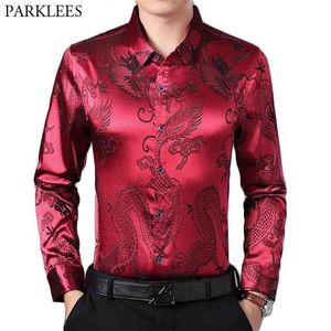 Chemise en satin de soie lisse rouge vin hommes dragon chinois jacquard hommes slim fit à manches longues chemises de robe chemise 4XL 210721