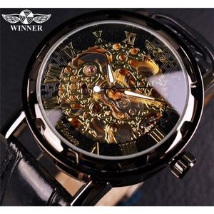 Gagnant noir or mâle horloge hommes Relog squelette s montres Top marque de luxe Montre en cuir montre-bracelet Montre mécanique 2204233155