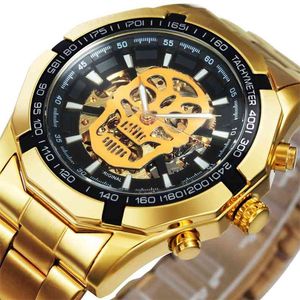 WINNAAR Officiële Automatische GOUD Horloge Mannen Stalen Band Skelet Mechanische Schedel Horloges Topmerk Luxe Dropshipping Groothandel 210329