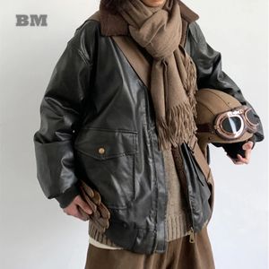 Chaqueta de cuero de motocicleta Retro americana de invierno para hombres ropa Harajuku Casual de alta calidad abrigo de cuello de piel de lana gruesa para hombre 240105