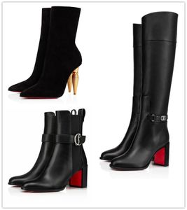 Marques d'hiver Bottes hautes pour femmes Designer de luxe Serrure rouge Kate Botta Booty Bout pointu Talons hauts Lady Booties Party Chaussures de mariage35-43