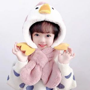 Gorro de invierno para niños, bufanda, conjunto de dos piezas para niños y niñas, lindo pingüino de dibujos animados, pequeño pato amarillo, gorro de felpa