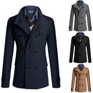 Winter Fashion Trench Coats Men's Double Breast Woolen Fabric Slim Fit Lapels Business Casual Long Trench Coat