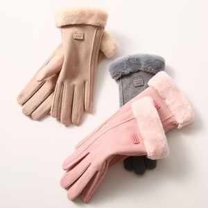 Invierno mujer encaje cálido Cachemira tres costillas mitones doble grueso felpa muñeca mujeres pantalla táctil conducción guantes 4 colores