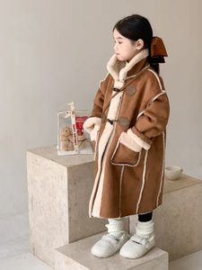 Filles d'hiver long manteau en daim tissu manteaux mode épais velours chaud enfants veste de motard enfants vêtements polaire pardessus fausse fourrure 231220