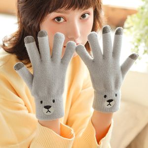 Gants d'hiver en tricot ours mignon, gants à cinq doigts pour femmes, écran tactile en laine, garde au chaud, gants élastiques de dessin animé pour étudiants